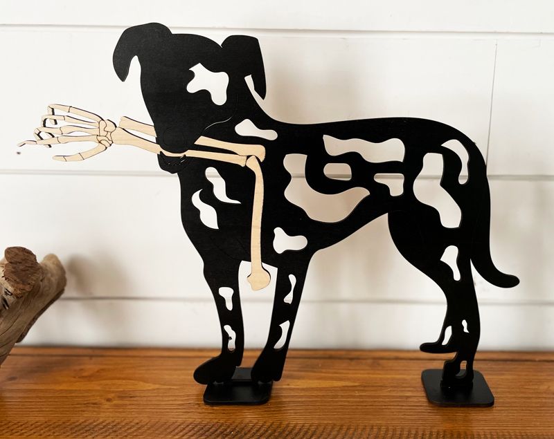 Playful Dog with Bone Window Sitter: A Bone-Chilling Halloween Delight!
