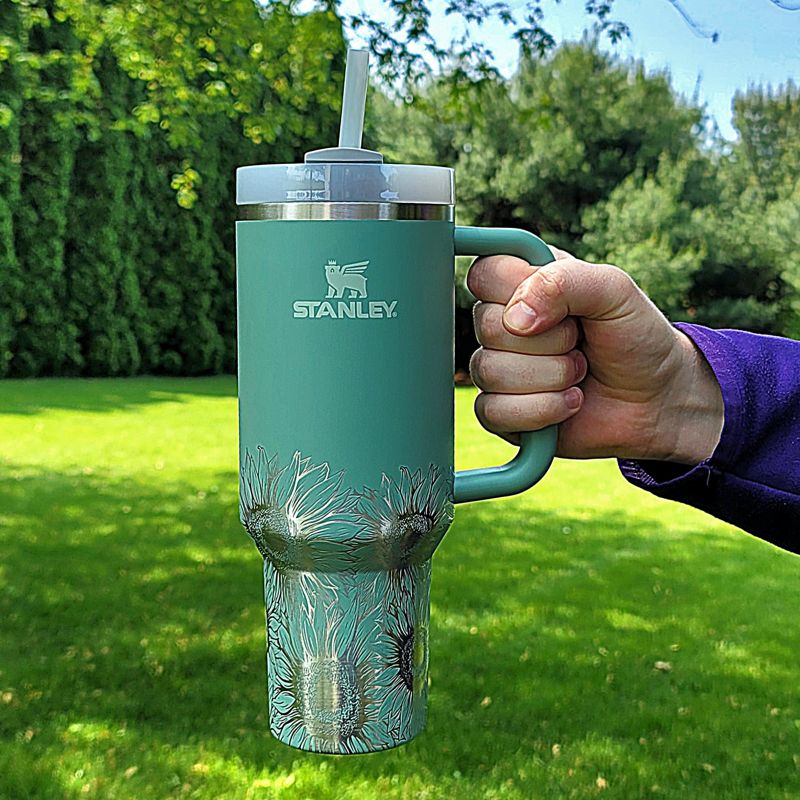 Half Sunflower Stanley, **FREE KEYCHAIN, Engraved 40 oz Tumbler, Half Wrap Sunflower, Engraved Stanley, Half Wrap, Sunflower, Custom Stanley (30oz Charcoal H2.0, Bottom Sunflower)