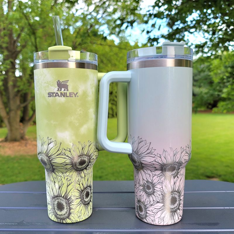 Half Sunflower Stanley, **FREE KEYCHAIN, Engraved 40 oz Tumbler, Half Wrap Sunflower, Engraved Stanley, Half Wrap, Sunflower, Custom Stanley (30oz Charcoal H2.0, Bottom Sunflower)