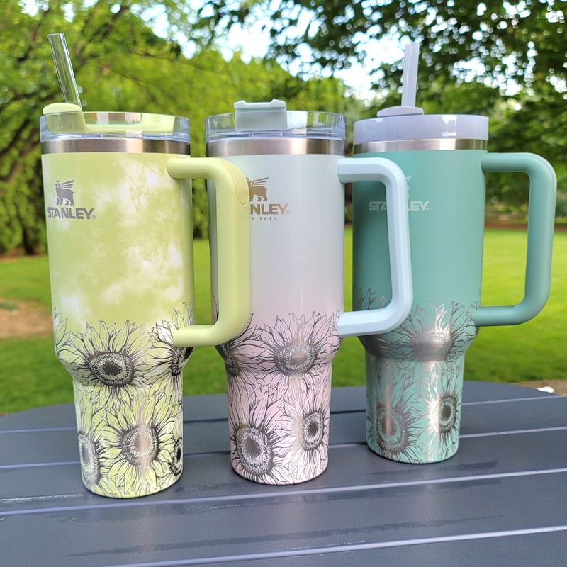 Half Sunflower Stanley, **FREE KEYCHAIN, Engraved 40 oz Tumbler, Half Wrap Sunflower, Engraved Stanley, Half Wrap, Sunflower, Custom Stanley (30oz Charcoal H2.0, Bottom Sunflower)