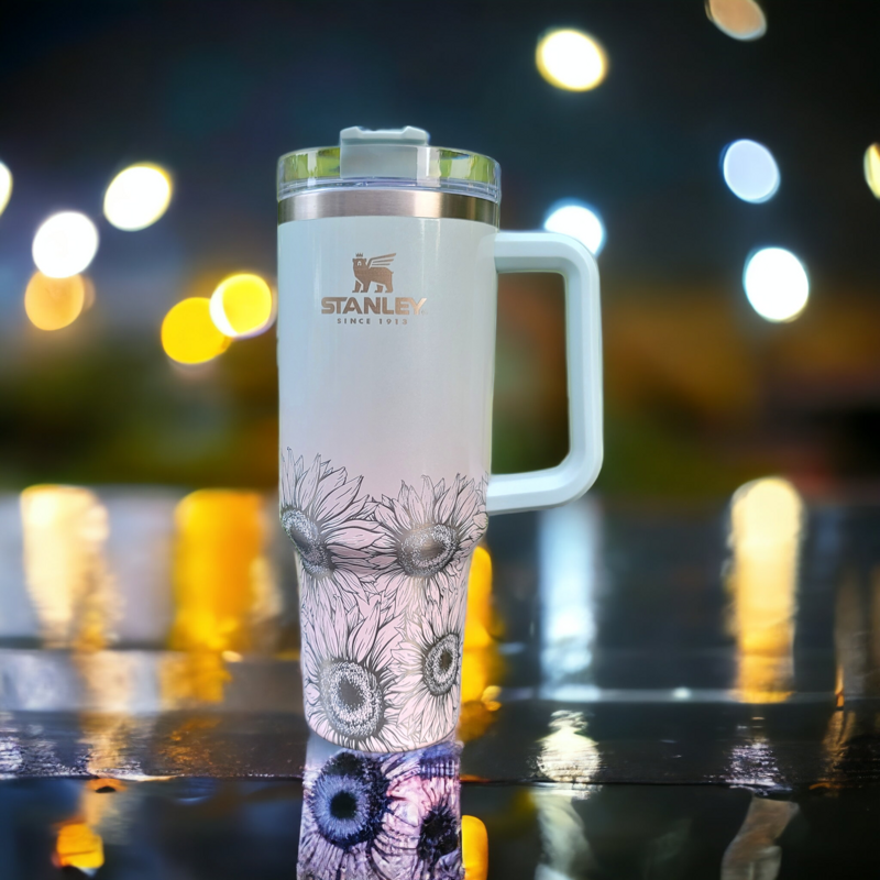 Half Sunflower Stanley, **FREE KEYCHAIN, Engraved 40 oz Tumbler, Half Wrap Sunflower, Engraved Stanley, Half Wrap, Sunflower, Custom Stanley (30oz Charcoal H2.0, Bottom Sunflower)