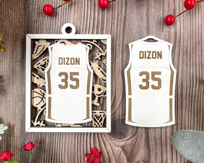 Personalized Jersey Style Sports Ornaments for School and College Kids - Custom Engraved, Two-Layered, and Color Options - Perfect for Baseball, Basketball, Football, and More!