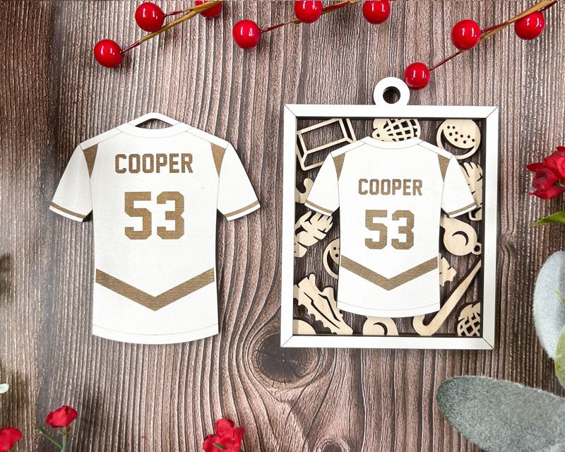 Personalized Jersey Style Sports Ornaments for School and College Kids - Custom Engraved, Two-Layered, and Color Options - Perfect for Baseball, Basketball, Football, and More!