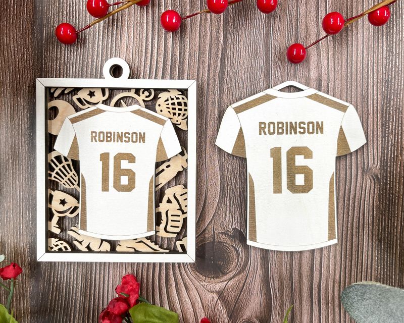 Personalized Jersey Style Sports Ornaments for School and College Kids - Custom Engraved, Two-Layered, and Color Options - Perfect for Baseball, Basketball, Football, and More!