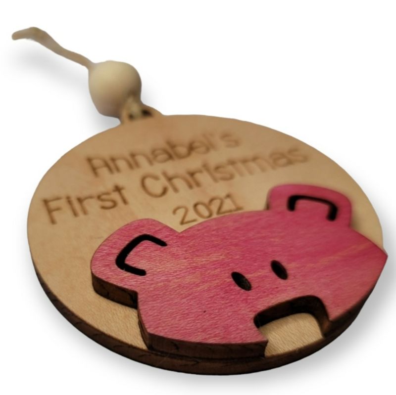 3D Layered Baby's First Christmas Ornament - Personalized Engraving with Name and Year - Choose Bear Color (Brown, Pink, or Blue)