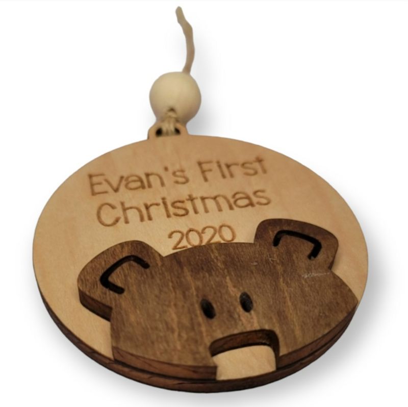 3D Layered Baby's First Christmas Ornament - Personalized Engraving with Name and Year - Choose Bear Color (Brown, Pink, or Blue)