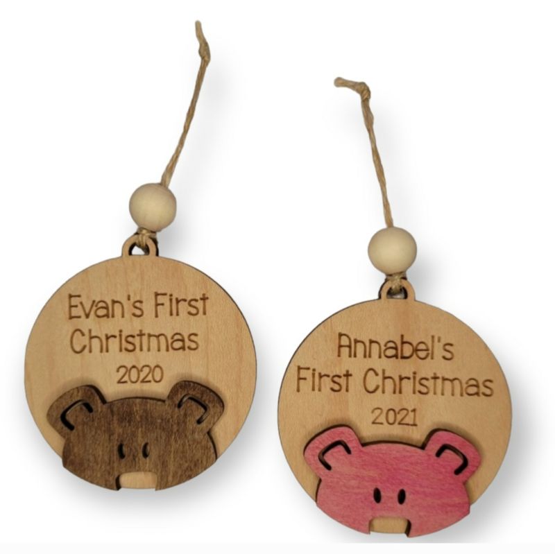 3D Layered Baby's First Christmas Ornament - Personalized Engraving with Name and Year - Choose Bear Color (Brown, Pink, or Blue)