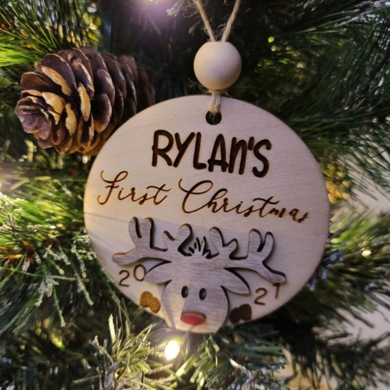 Handcrafted 3D Layered Cute Reindeer Baby's First Christmas Ornament - Personalized with Name and Year Engraving