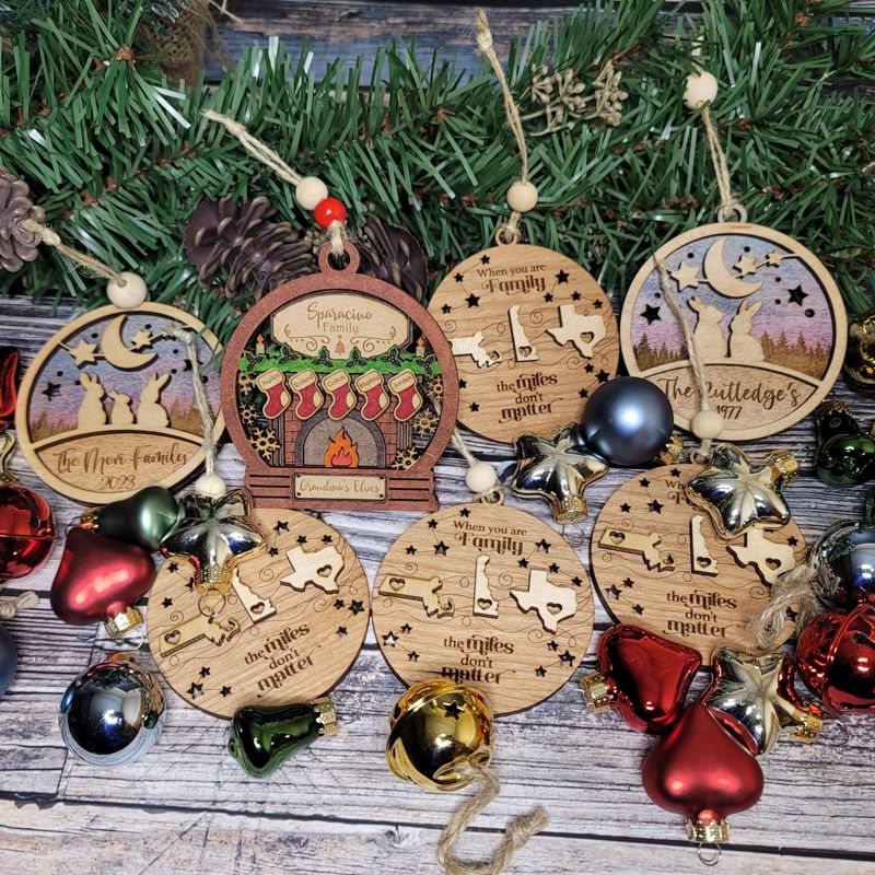 "3D Handcrafted Fireplace Ornament - Personalized Stockings, Round or Snow Globe Shape - Festive Holiday Decor"