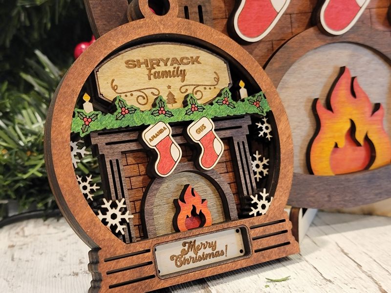 "3D Handcrafted Fireplace Ornament - Personalized Stockings, Round or Snow Globe Shape - Festive Holiday Decor"