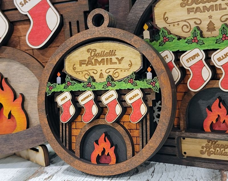 "3D Handcrafted Fireplace Ornament - Personalized Stockings, Round or Snow Globe Shape - Festive Holiday Decor"