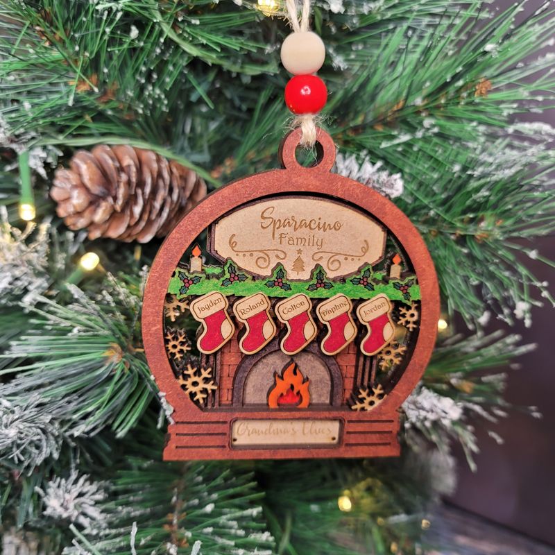 "3D Handcrafted Fireplace Ornament - Personalized Stockings, Round or Snow Globe Shape - Festive Holiday Decor"
