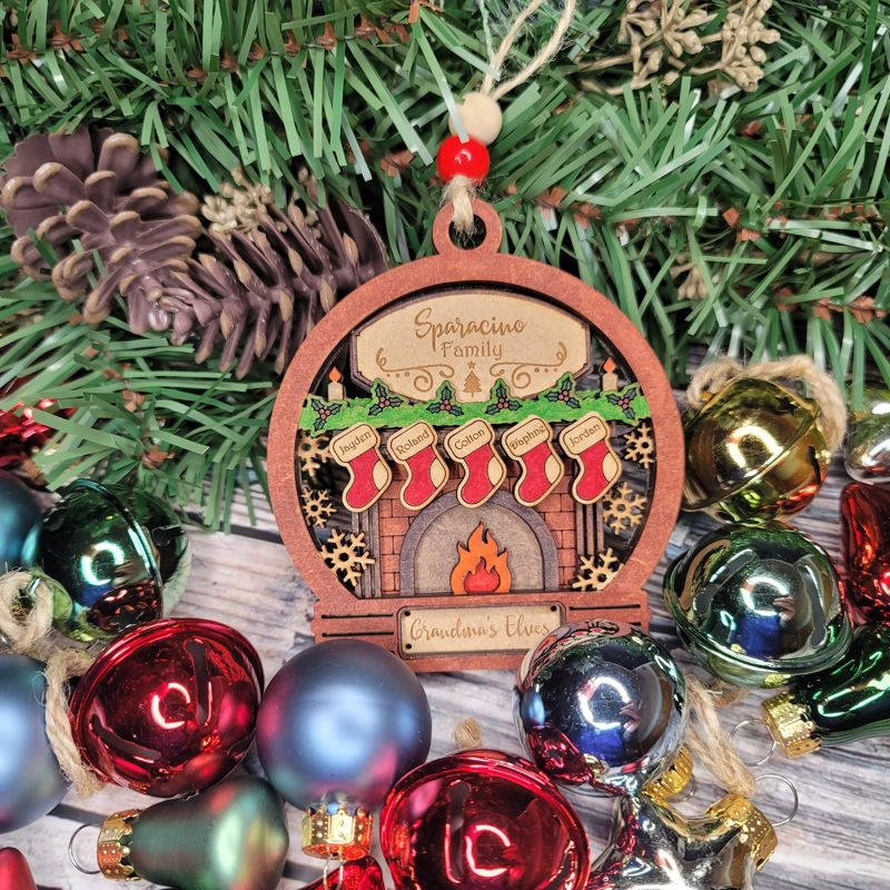 "3D Handcrafted Fireplace Ornament - Personalized Stockings, Round or Snow Globe Shape - Festive Holiday Decor"