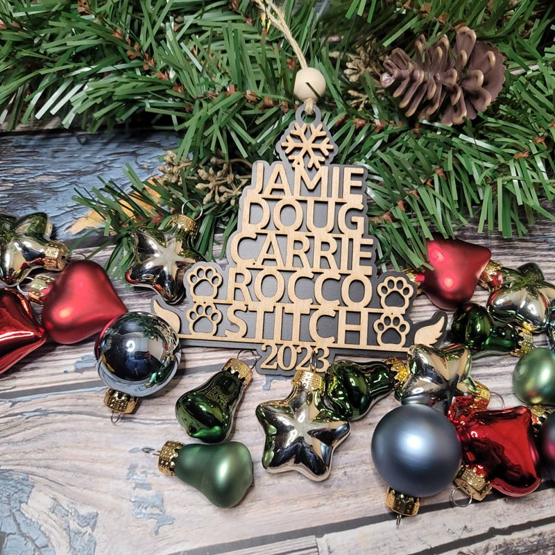 Personalized Wood Christmas Tree Ornament - Laser Cut, Family Names, Year, Topper Options, Pet Pawprints, Angel Wings - Single or Double Layer