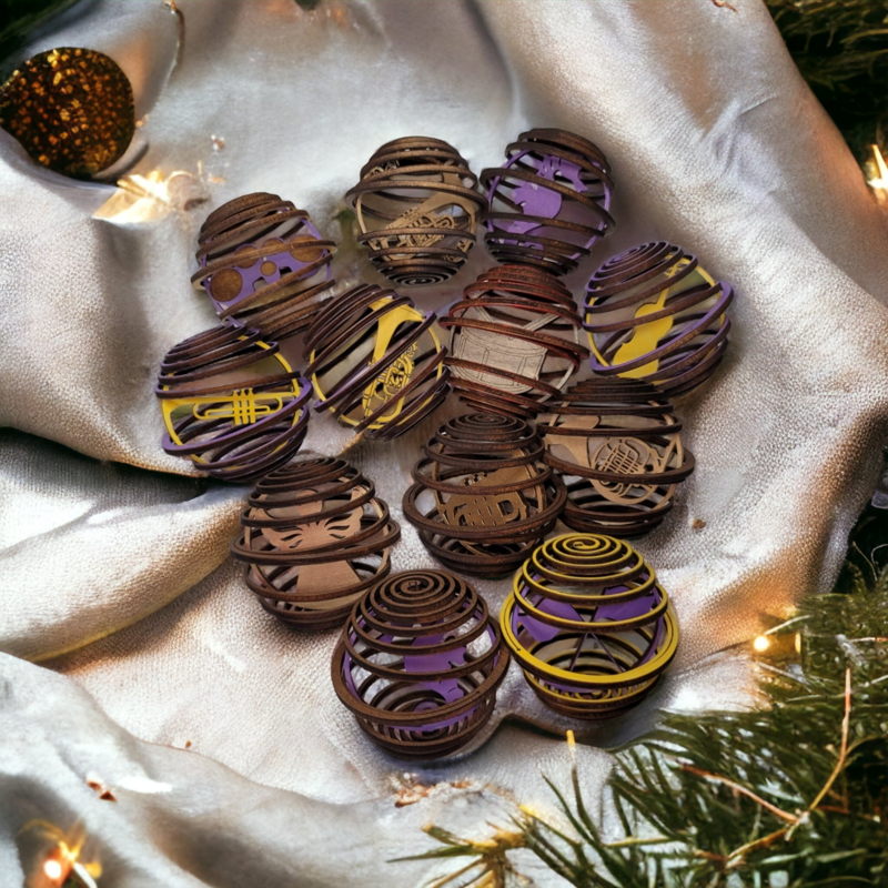 Handcrafted Spiral Wood Globe Ornament - Unique Laser-Cut Musician's Gift - Personalized Instrument Nesting - Customizable Colors