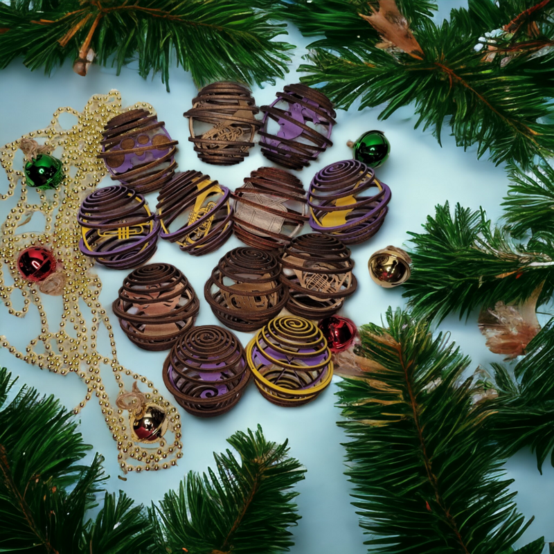 Handcrafted Spiral Wood Globe Ornament - Unique Laser-Cut Musician's Gift - Personalized Instrument Nesting - Customizable Colors
