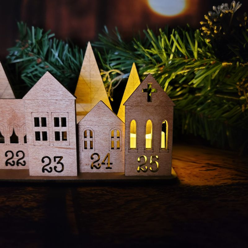 Handcrafted Laser-Cut Advent Calendar: Charming Village Scene with Numbered Buildings and Flickering Candles – Personalize Your Holiday Countdown!