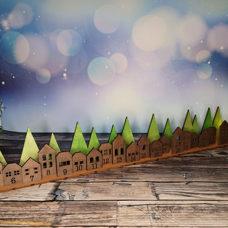 Handcrafted Laser-Cut Advent Calendar: Charming Village Scene with Numbered Buildings and Flickering Candles – Personalize Your Holiday Countdown!