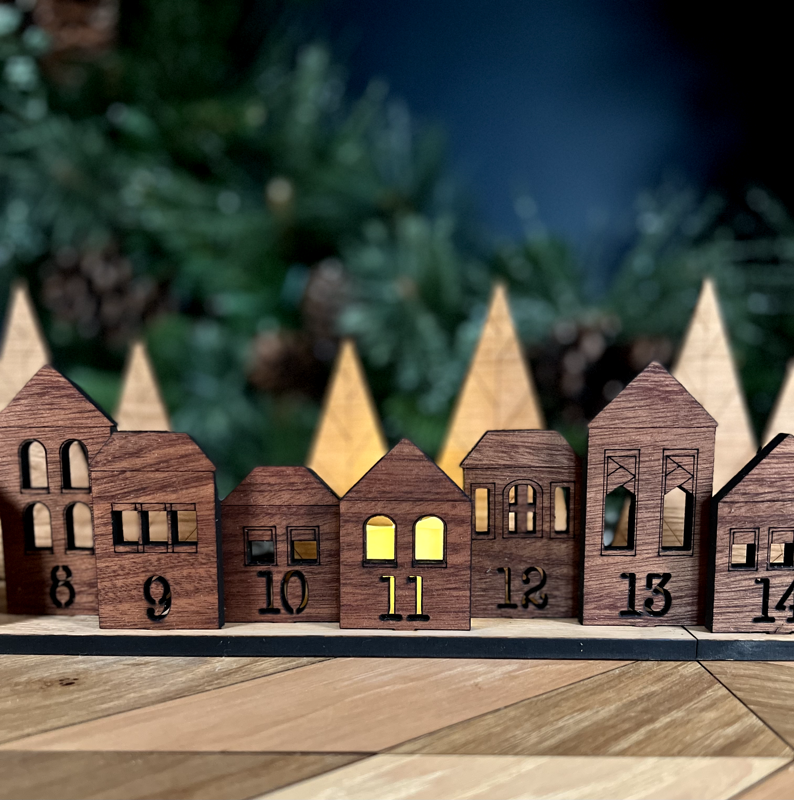 Handcrafted Laser-Cut Advent Calendar: Charming Village Scene with Numbered Buildings and Flickering Candles – Personalize Your Holiday Countdown!