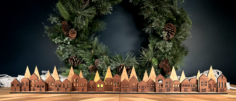Handcrafted Laser-Cut Advent Calendar: Charming Village Scene with Numbered Buildings and Flickering Candles – Personalize Your Holiday Countdown!