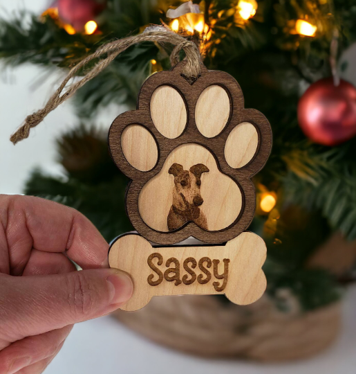 Personalized Pawprint Ornament: Laser-Engraved Dog Photo with Custom Name Charm
