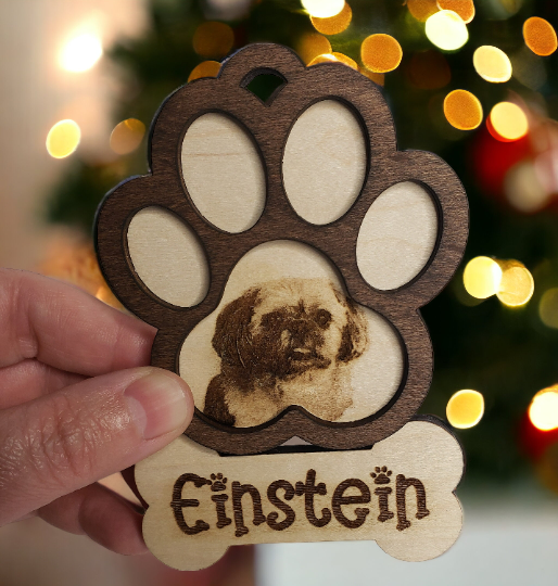 Personalized Pawprint Ornament: Laser-Engraved Dog Photo with Custom Name Charm