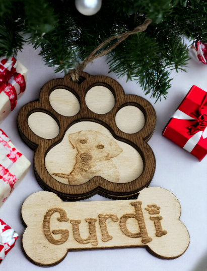 Personalized Pawprint Ornament: Laser-Engraved Dog Photo with Custom Name Charm
