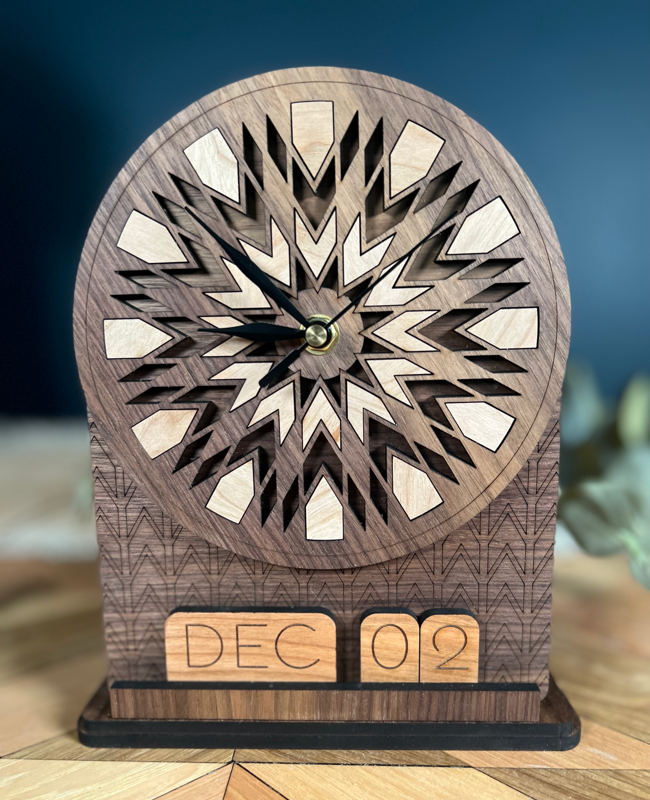 Boho Elegance: Hand-Crafted Desk Clock with Interchangeable Calendar - Precision Laser Engraved and Versatile Color Options