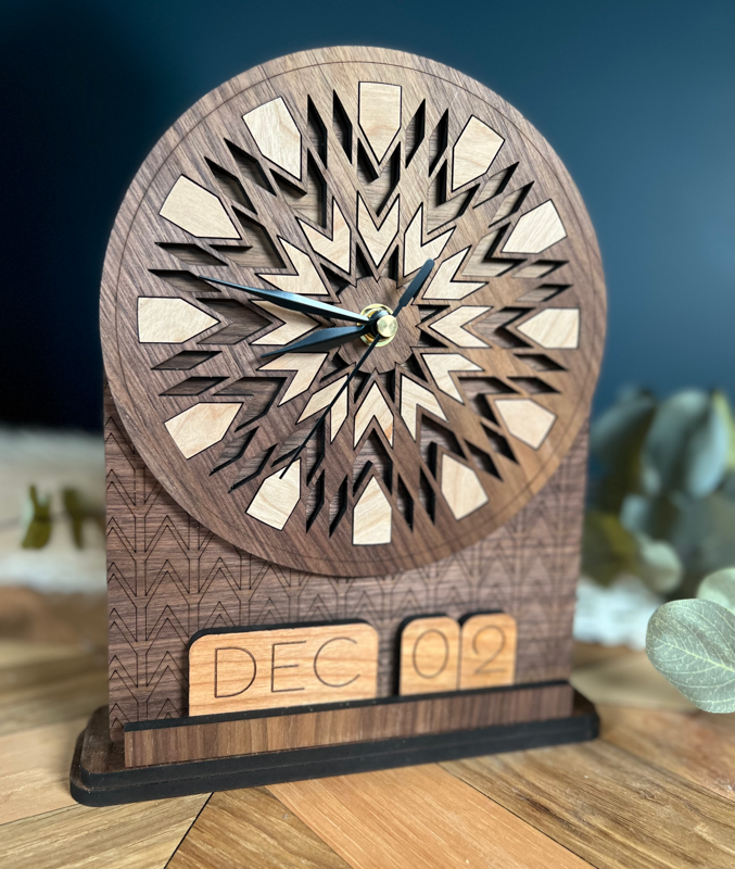 Boho Elegance: Hand-Crafted Desk Clock with Interchangeable Calendar - Precision Laser Engraved and Versatile Color Options