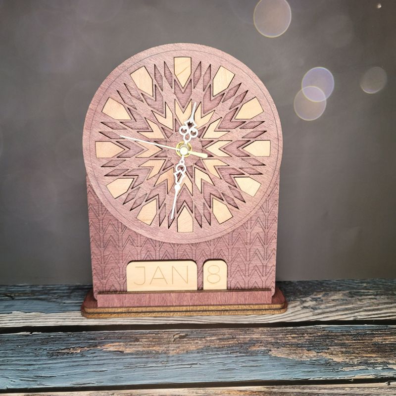 Boho Elegance: Hand-Crafted Desk Clock with Interchangeable Calendar - Precision Laser Engraved and Versatile Color Options