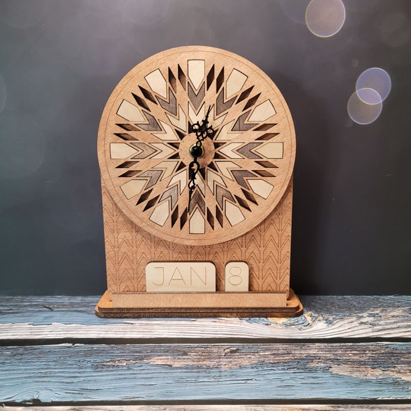 Boho Elegance: Hand-Crafted Desk Clock with Interchangeable Calendar - Precision Laser Engraved and Versatile Color Options