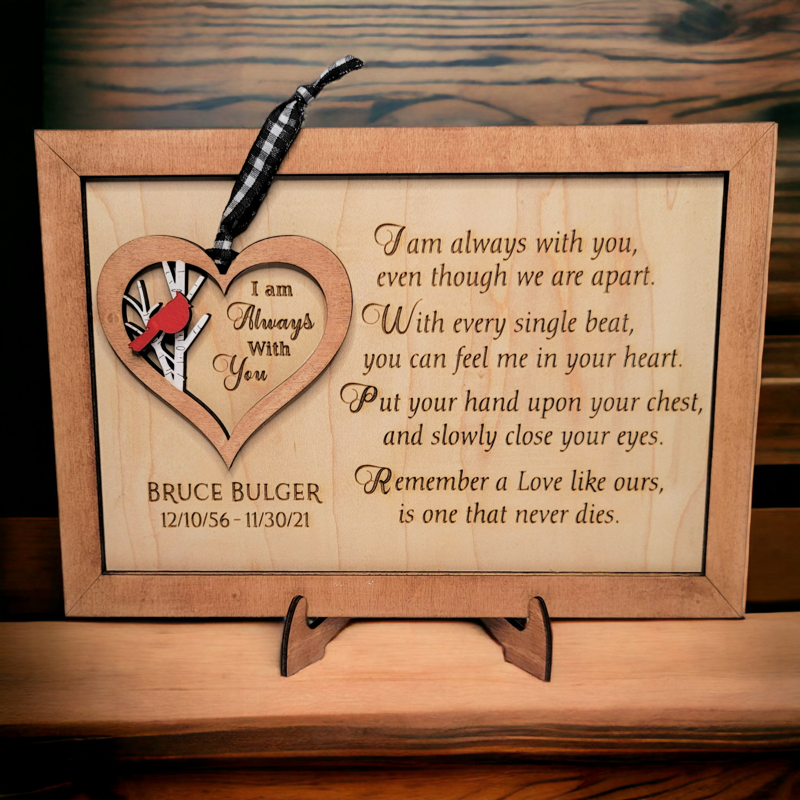 Handcrafted Memorial Plaque with Personalized Engraving, Photo Heart, and Cardinal Ornament