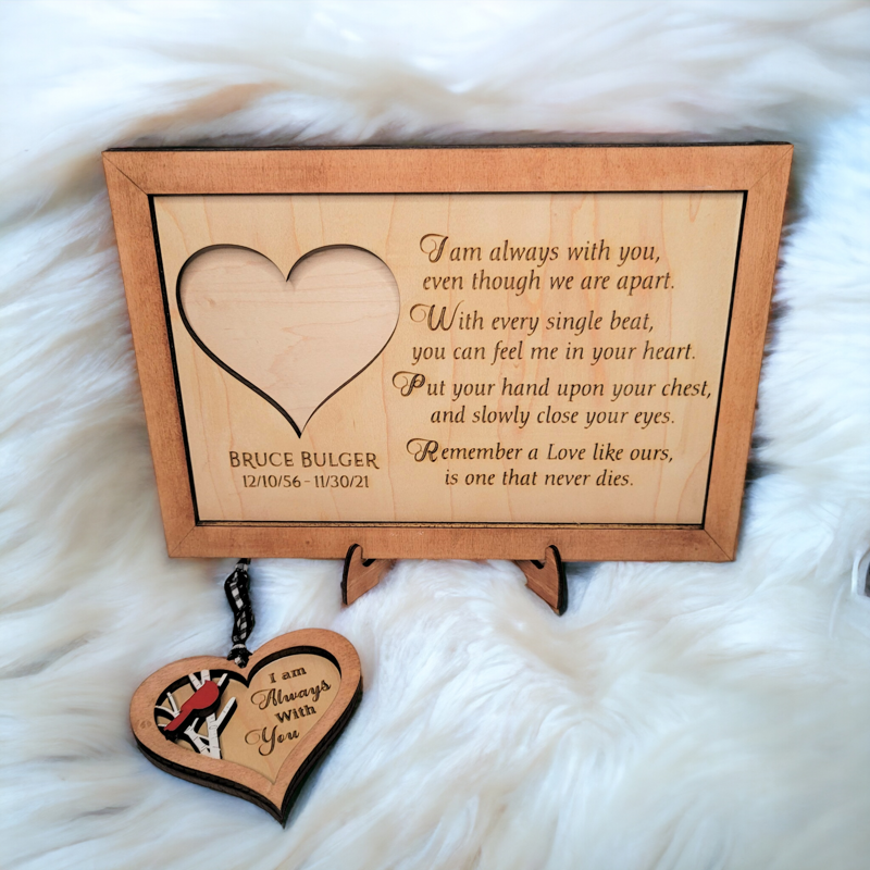 Handcrafted Memorial Plaque with Personalized Engraving, Photo Heart, and Cardinal Ornament