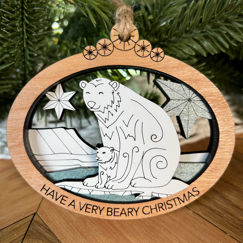 Handcrafted Bear Christmas Ornament: Multi-Layered Laser Cut with Customizable what Phrase