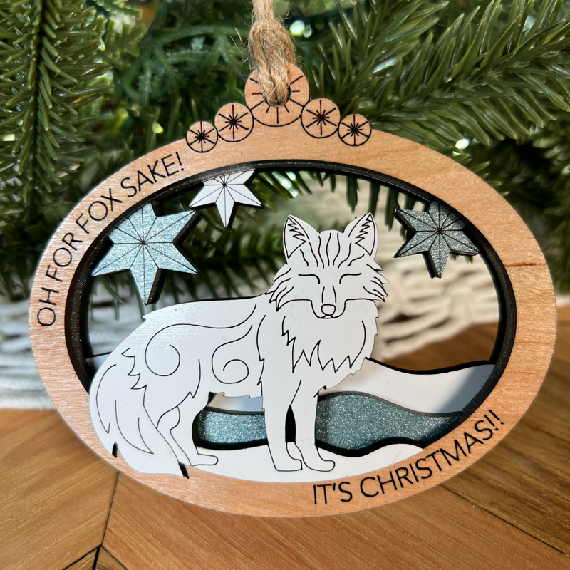 Handcrafted Fox Christmas Ornament: Multi-Layered Laser Cut with Punny Holiday Phrase
