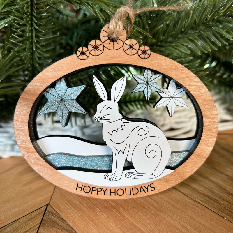 Handcrafted Hare Christmas Ornament: Multi-Layered Laser Cut with Punny Holiday Phrase