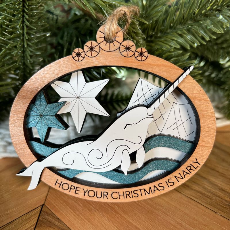Handcrafted Narwal Christmas Ornament: Multi-Layered Laser Cut with Punny Holiday Phrase