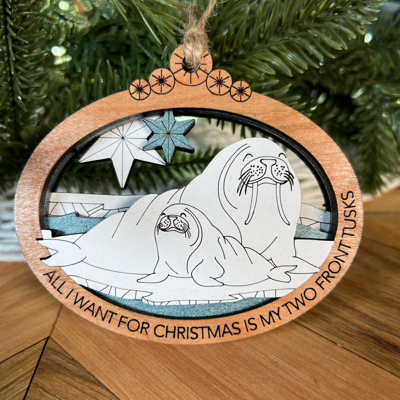 Handcrafted Walrus Christmas Ornament: Multi-Layered Laser Cut with Punny Holiday Phrase