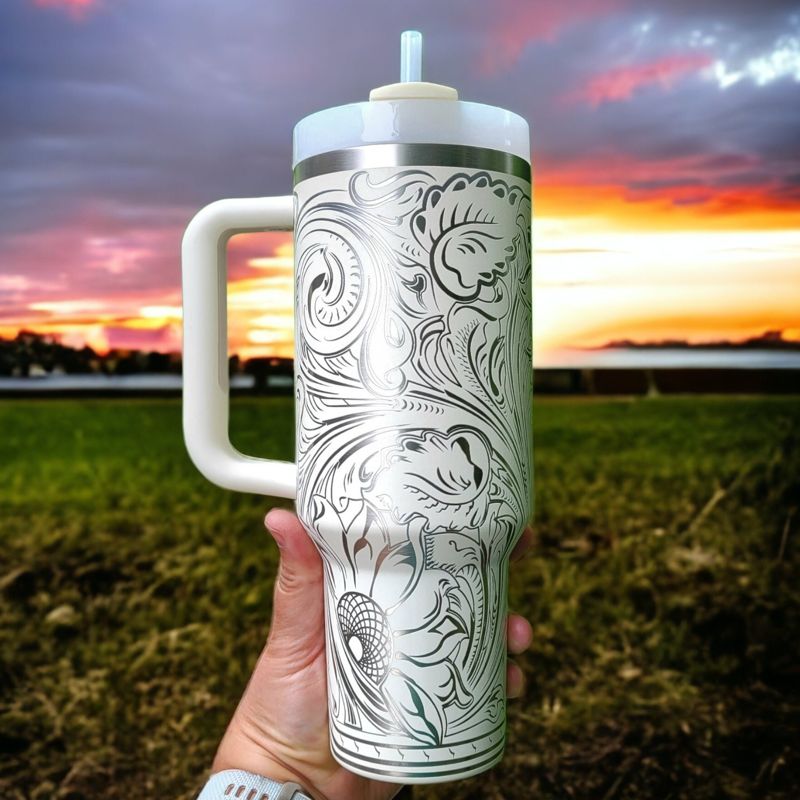 Western Tooled Leather Design with Sunflowers and Paisley Motif, Stanley Engraved Tumbler, Personalized (Cream H2.0 | Design Only)