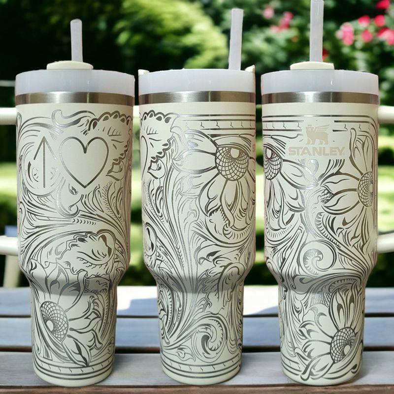 Western Tooled Leather Design with Sunflowers and Paisley Motif, Stanley Engraved Tumbler, Personalized (Cream H2.0 | Design Only)