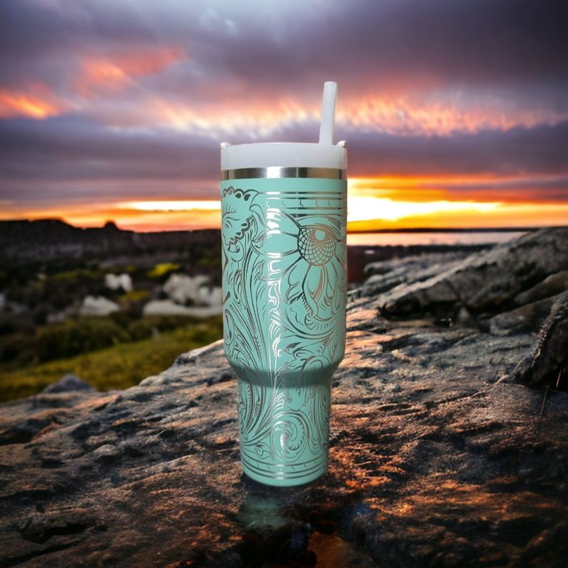 Western Tooled Leather Design with Sunflowers and Paisley Motif, Stanley Engraved Tumbler, Personalized (Cream H2.0 | Design Only)