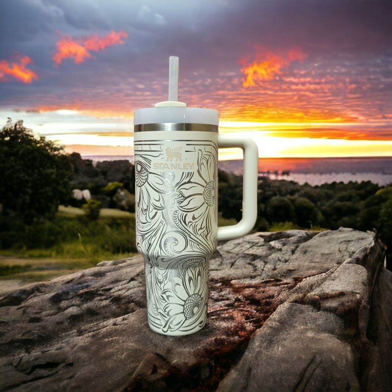 Western Tooled Leather Design with Sunflowers and Paisley Motif, Stanley Engraved Tumbler, Personalized (Cream H2.0 | Design Only)
