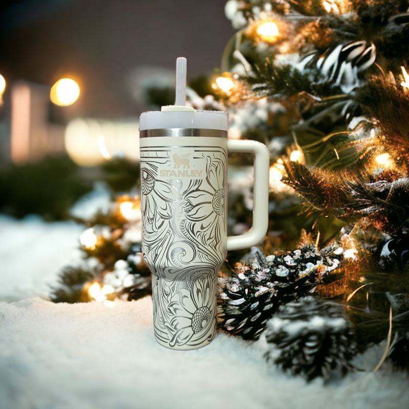 Western Tooled Leather Design with Sunflowers and Paisley Motif, Stanley Engraved Tumbler, Personalized (Cream H2.0 | Design Only)