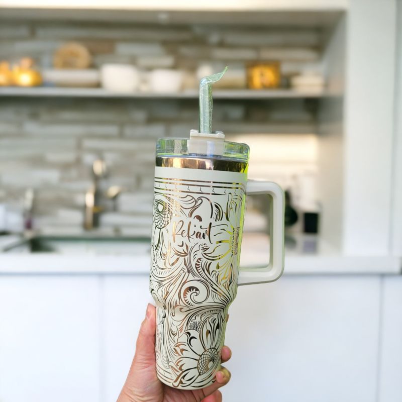 Western Tooled Leather Design with Sunflowers and Paisley Motif, Stanley Engraved Tumbler, Personalized (Cream H2.0 | Design Only)