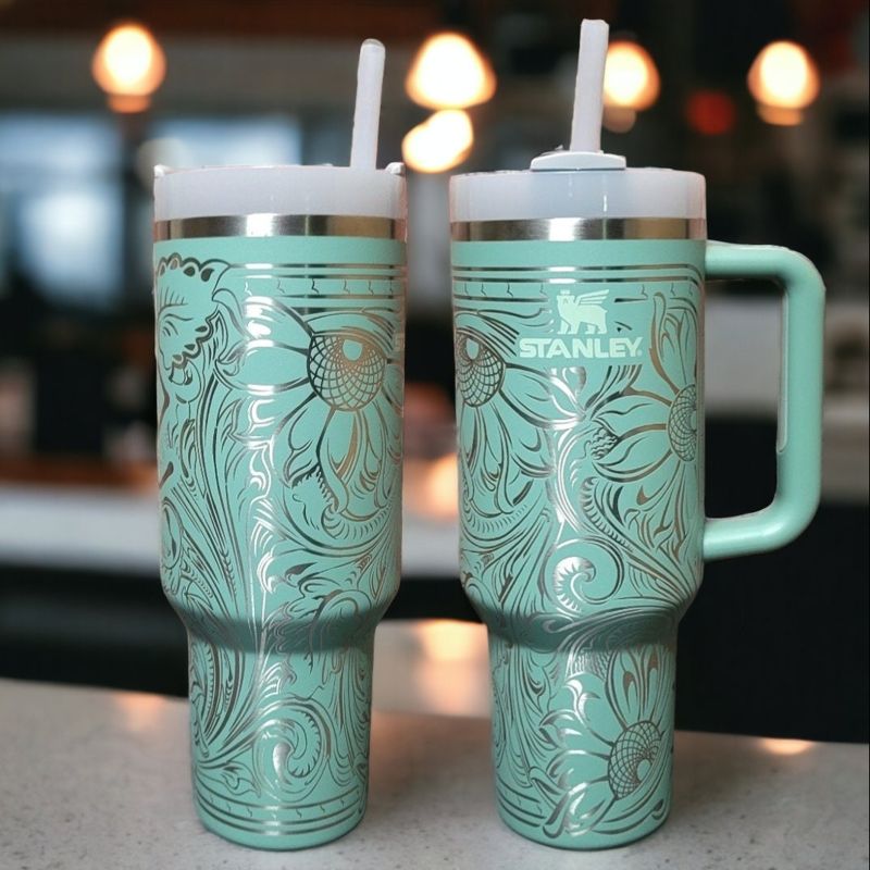 Western Tooled Leather Design with Sunflowers and Paisley Motif, Stanley Engraved Tumbler, Personalized (Cream H2.0 | Design Only)