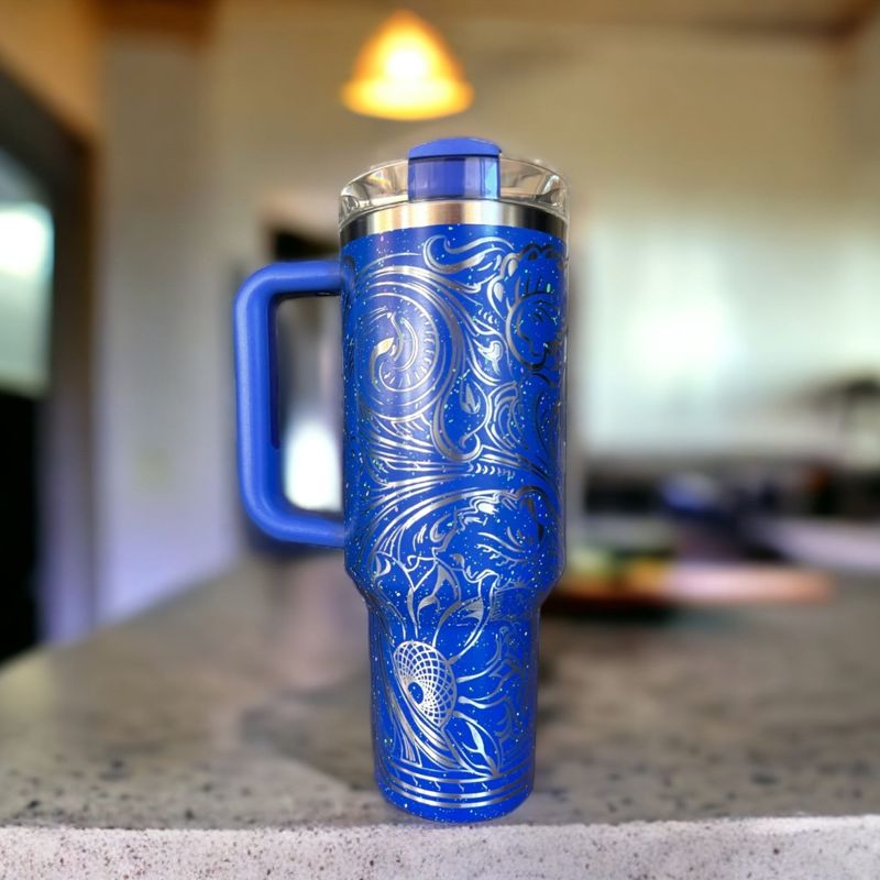 Western Tooled Leather Design with Sunflowers and Paisley Motif, Stanley Engraved Tumbler, Personalized (Cream H2.0 | Design Only)