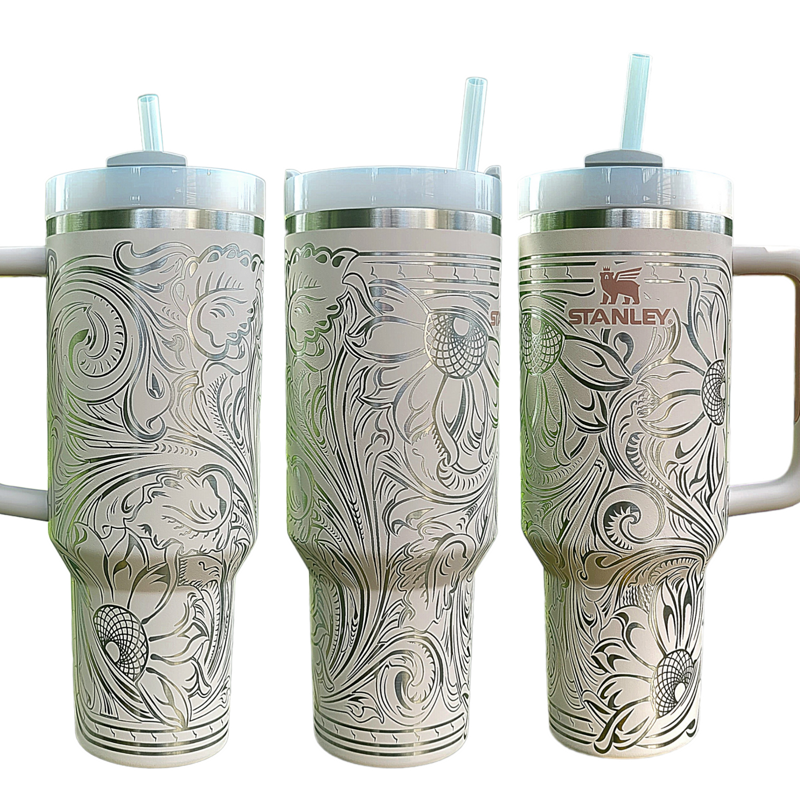 Western Tooled Leather Design with Sunflowers and Paisley Motif, Stanley Engraved Tumbler, Personalized (Cream H2.0 | Design Only)
