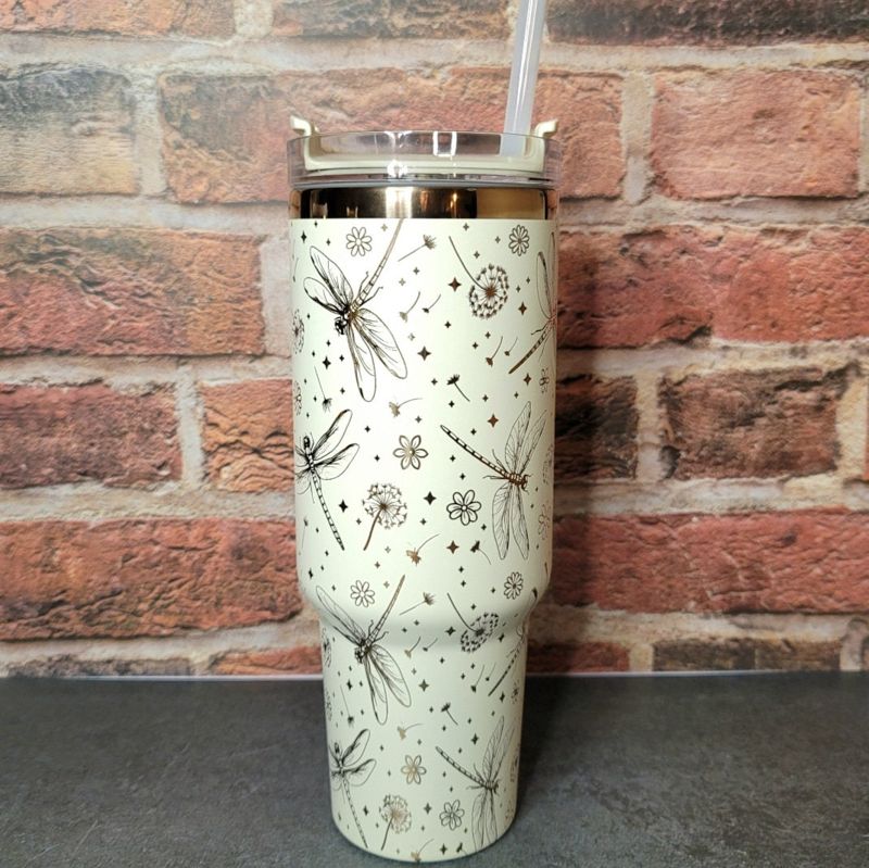 Dragonfly Tumbler, Dandelion Tumbler, 40oz Tumbler, Cream and Copper Tumbler, Whimsical Tumbler, Laser Engraved Tumbler (Black Copper)