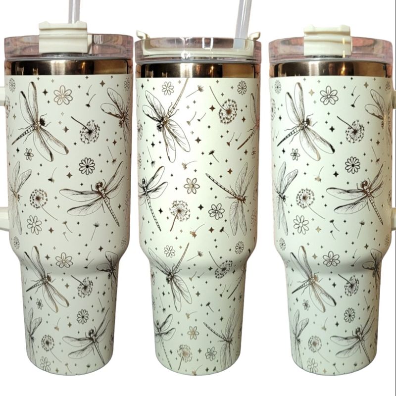 Dragonfly Tumbler, Dandelion Tumbler, 40oz Tumbler, Cream and Copper Tumbler, Whimsical Tumbler, Laser Engraved Tumbler (Black Copper)