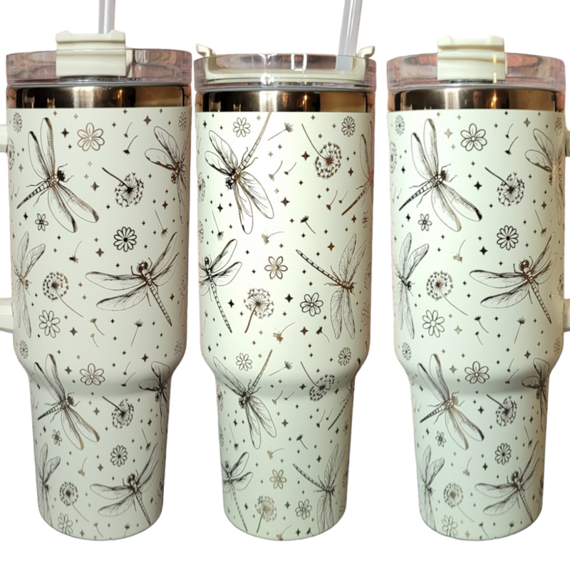 Dragonfly Tumbler, Dandelion Tumbler, 40oz Tumbler, Cream and Copper Tumbler, Whimsical Tumbler, Laser Engraved Tumbler (Black Copper)